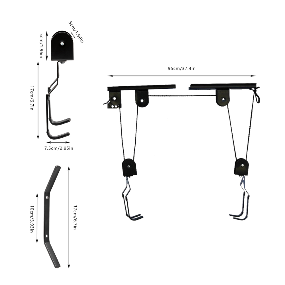 Fietslift voor Garage Plafondmontage Katrolsysteem Fietsopslag, Set Fietshangers - 1 Hanger + 2 Multifunctionele Lanyards