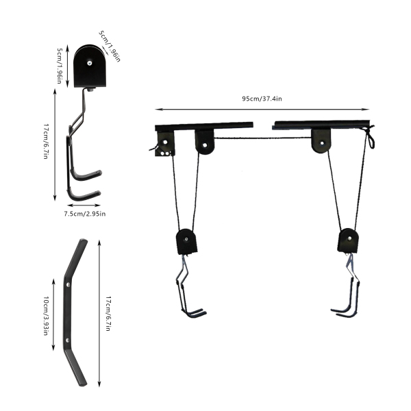 Fietslift voor Garage Plafondmontage Katrolsysteem Fietsopslag, Set Fietshangers - 1 Hanger + 2 Multifunctionele Lanyards