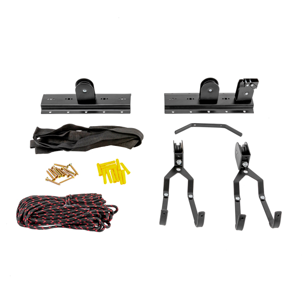 Fietslift voor Garage Plafondmontage Katrolsysteem Fietsopslag, Set Fietshangers - 1 Hanger + 2 Multifunctionele Lanyards
