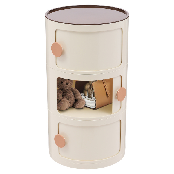 Nachtkastje, Rond Kabinet, Moderne 3-Tiered Garderobekast, Grote Capaciteit, 32*58cm, Beige