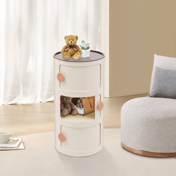 Nachtkastje, Rond Kabinet, Moderne 3-Tiered Garderobekast, Grote Capaciteit, 32*58cm, Beige