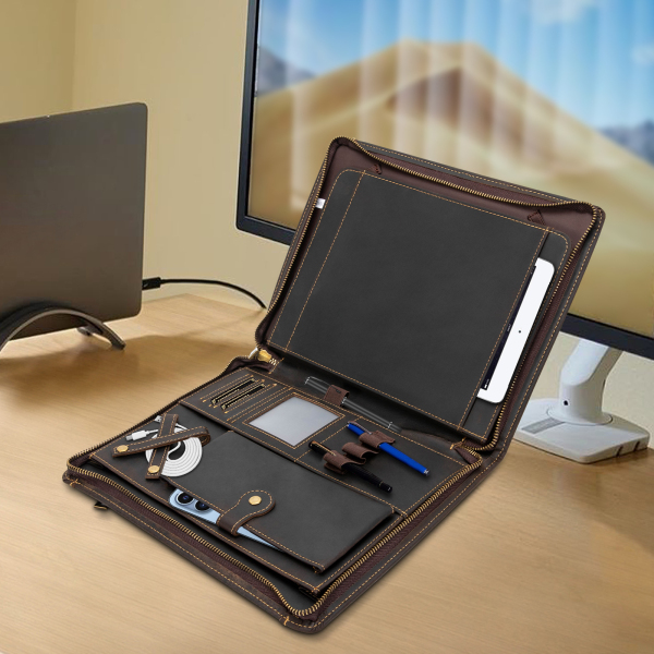 Portefeuillemap van rundleer met ritssluiting voor 9,7 inch tablet en zakelijke documenten, bruin