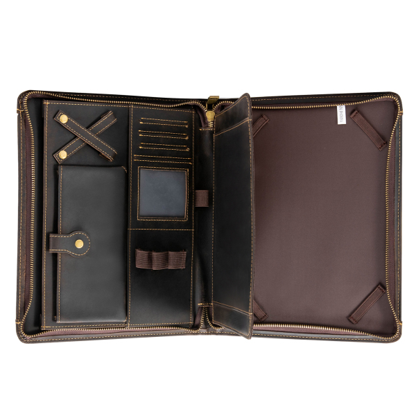 Portefeuillemap van rundleer met ritssluiting voor 9,7 inch tablet en zakelijke documenten, bruin