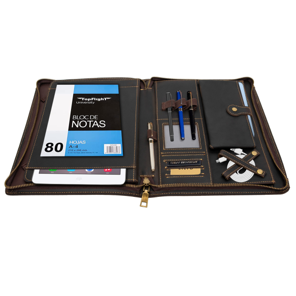 Portefeuillemap van rundleer met ritssluiting voor 9,7 inch tablet en zakelijke documenten, bruin