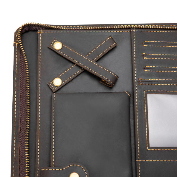 Portefeuillemap van rundleer met ritssluiting voor 9,7 inch tablet en zakelijke documenten, bruin