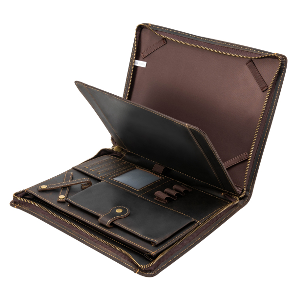 Portefeuillemap van rundleer met ritssluiting voor 9,7 inch tablet en zakelijke documenten, bruin