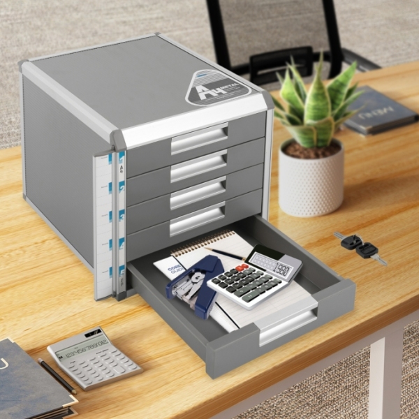 5-laags bureaulade-opbergdoos, aluminium opbergdoos, voor A4-papier met slot, grijs 5-laags bureaulade-opbergdoos, aluminium opbergdoos, voor A4-papier met slot, grijs