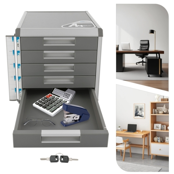 5-laags bureaulade-opbergdoos, aluminium opbergdoos, voor A4-papier met slot, grijs