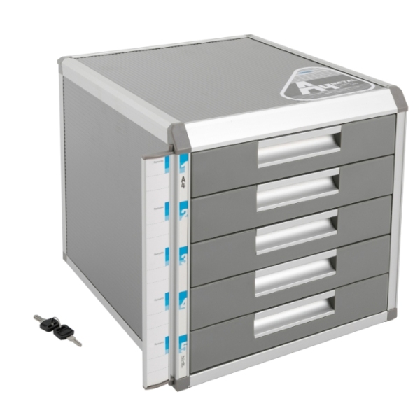 5-laags bureaulade-opbergdoos, aluminium opbergdoos, voor A4-papier met slot, grijs 5-laags bureaulade-opbergdoos, aluminium opbergdoos, voor A4-papier met slot, grijs