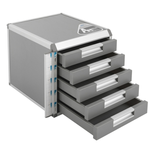 5-laags bureaulade-opbergdoos, aluminium opbergdoos, voor A4-papier met slot, grijs