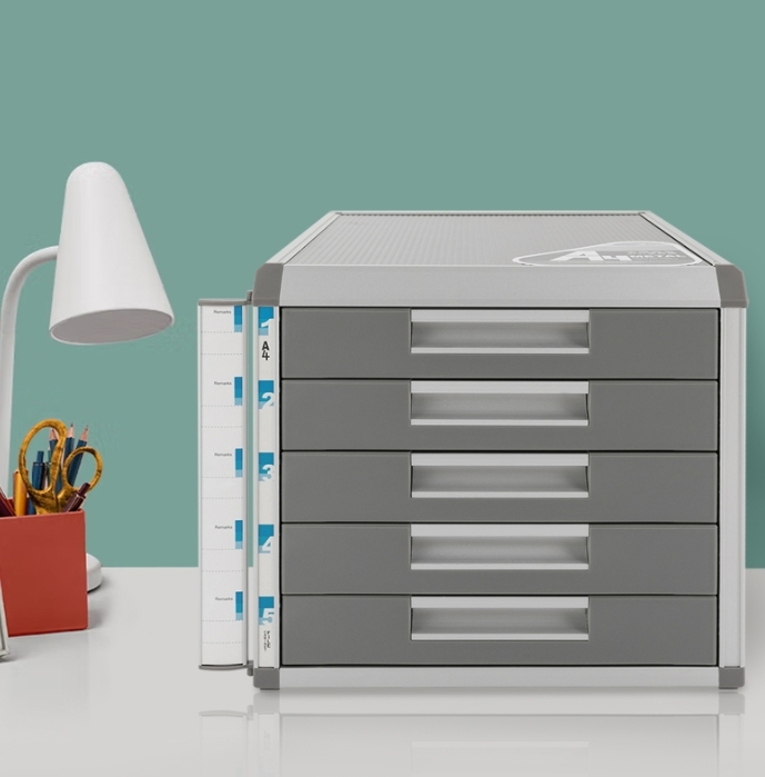 5-laags bureaulade-opbergdoos, aluminium opbergdoos, voor A4-papier met slot, grijs