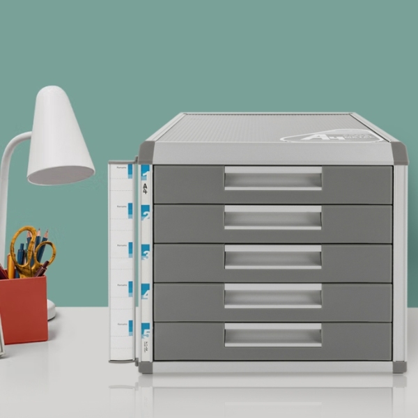 5-laags bureaulade-opbergdoos, aluminium opbergdoos, voor A4-papier met slot, grijs