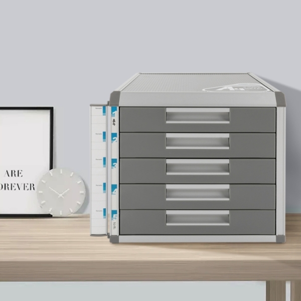 5-laags bureaulade-opbergdoos, aluminium opbergdoos, voor A4-papier met slot, grijs 5-laags bureaulade-opbergdoos, aluminium opbergdoos, voor A4-papier met slot, grijs