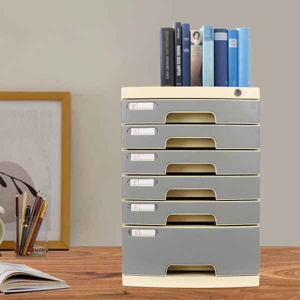 6-laags bureau-organizer archiefkast, lade-organizer met slot, plastic lade (grijs)