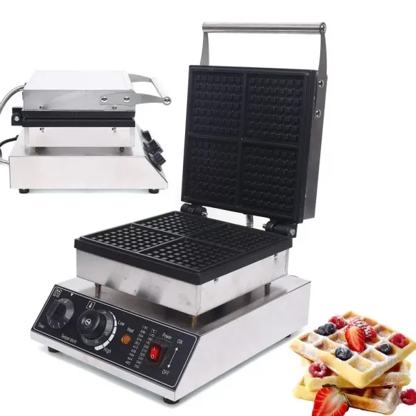 1750 W wafelijzer voor 4 Belgische wafels, antiaanbaklaag, vierkant wafelijzer, met timer en thermostaat