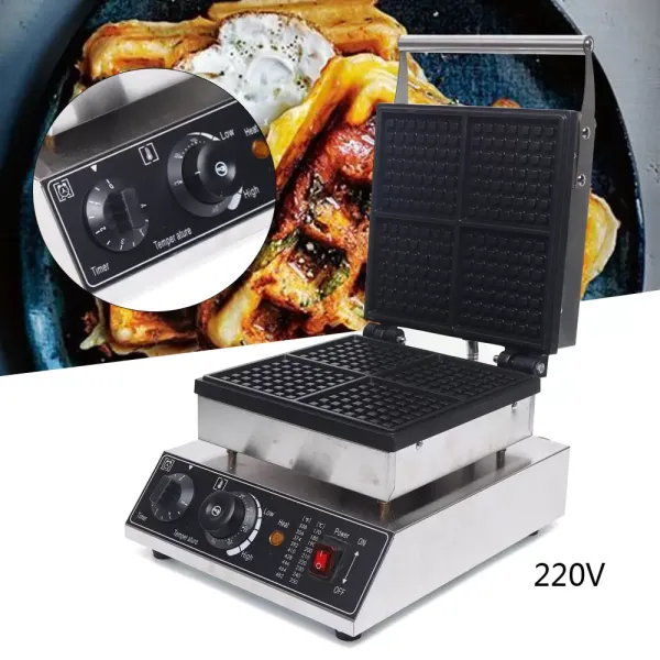 1750 W wafelijzer voor 4 Belgische wafels, antiaanbaklaag, vierkant wafelijzer, met timer en thermostaat