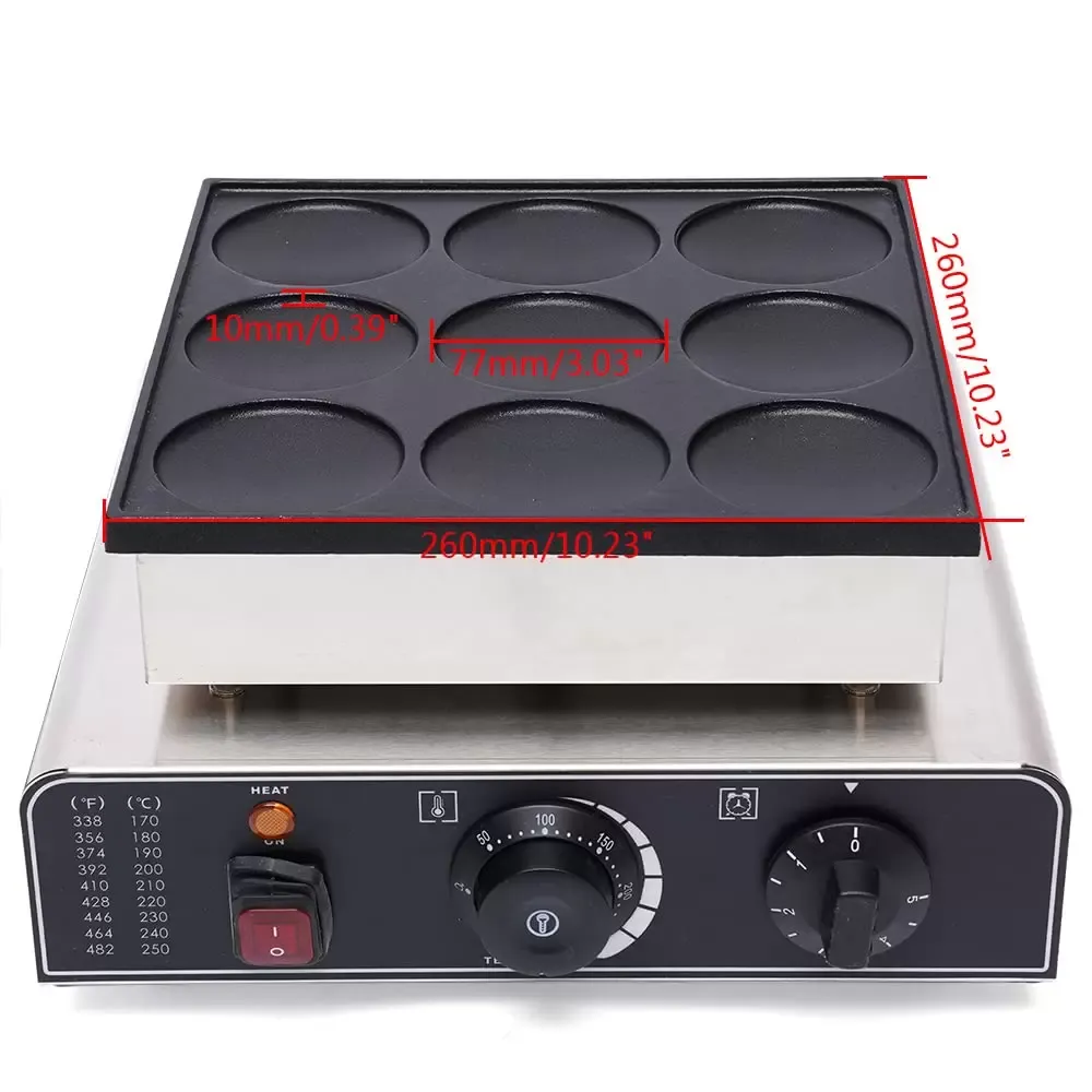 Elektrische crêpemaker Commerciële crêpemaker voor 9 Dorayaki, pannenkoeken (3,03 x 3,03 x 0,39 inch)