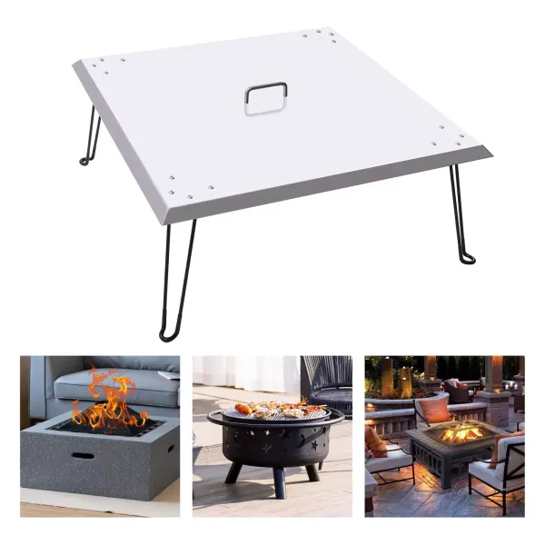 Vuurplaatsafdekking 30" x 30" x 13" roestvrij staal 1,5 mm dik deksel met opvouwbare poten en draaggreep Vuurplaatsafdekking 30" x 30" x 13" roestvrij staal 1,5 mm dik deksel met opvouwbare poten en draaggreep