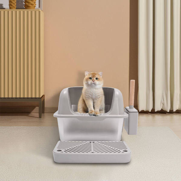 Kattenbak van roestvrij staal, kattenbak met beschermschep, grote kattenbak  (lichtgrijs)
