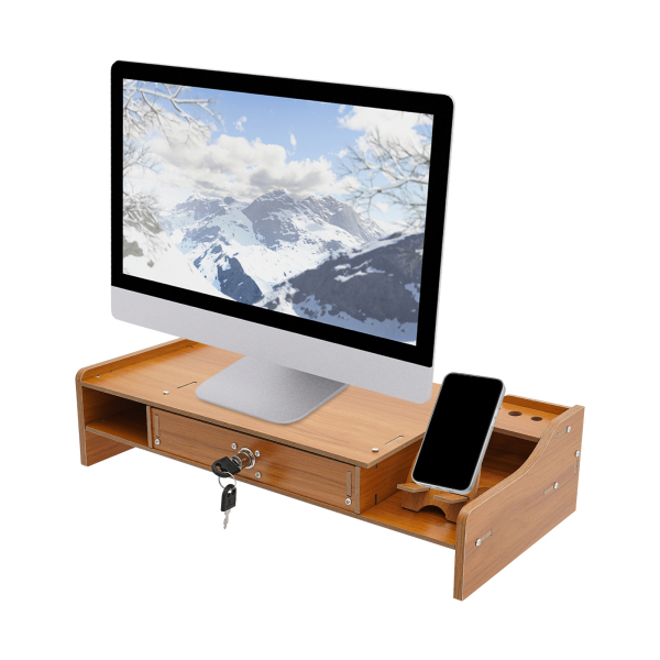 Computer Monitor Stand, Computer Rack met Afsluitbare Lade, Monitor Stand - sZ08 Zijkant Verdikt Kersenhout