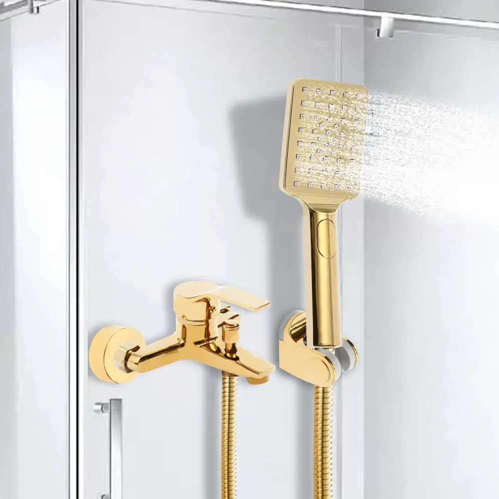 Goud Thermostatisch Douchesysteem Messing Regendouche met in hoogte verstelbare muurbeugel