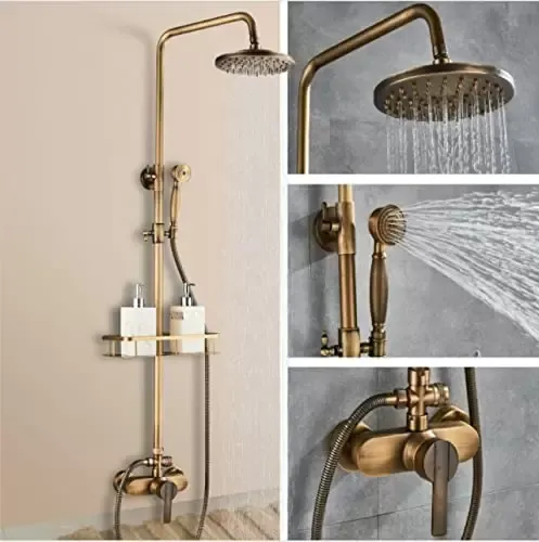 Antiek koperen doucheset met verstelbare douchekop van 75-120 cm met plank Antiek koperen doucheset met verstelbare douchekop van 75-120 cm met plank