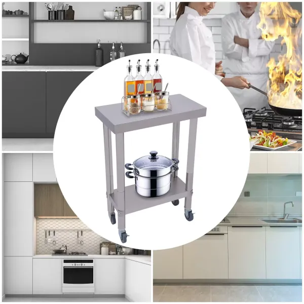 2-laags roestvrijstalen werktafel, roestvrijstalen werktafel, tafel voor voedselbereiding, met plank 2-laags roestvrijstalen werktafel, roestvrijstalen werktafel, tafel voor voedselbereiding, met plank