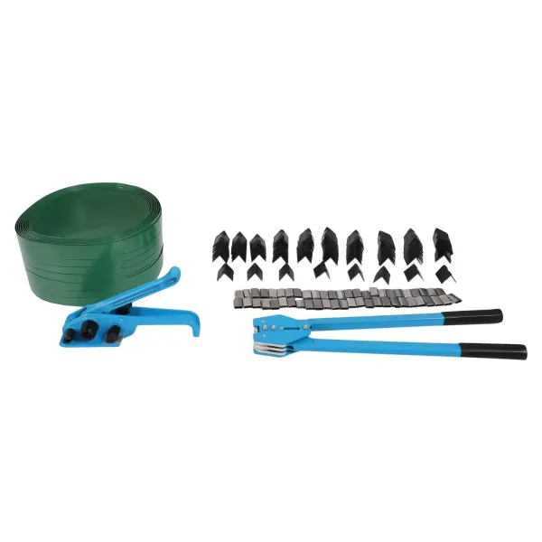 Verpakkingsomsnoeringsapparaat, omsnoeringsapparaat, sluitapparaat, plastic verpakkingshoek, metalen afdichtingen