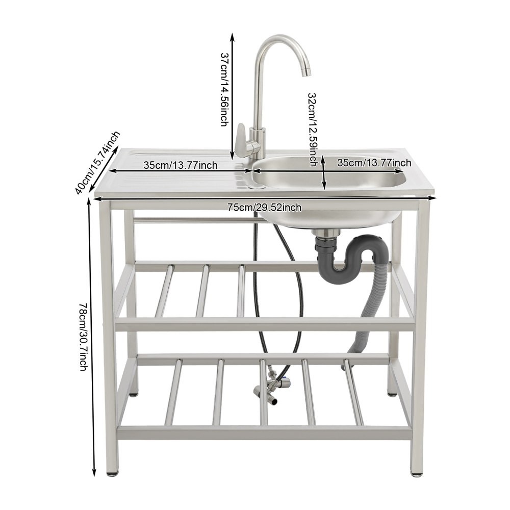 75x40x78cm RVS Keuken Spoelbak, Vrijstaande Buiten Keuken Spoelbak, RVS Spoelbak met Kraan