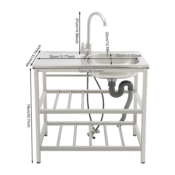 75x40x78cm RVS Keuken Spoelbak, Vrijstaande Buiten Keuken Spoelbak, RVS Spoelbak met Kraan