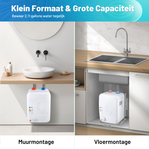 8 liter - compacte elektrische apparaten - plug and play - geschikt voor onder de gootsteen - gescheiden water - constante temperatuur - geen nadruppelen.