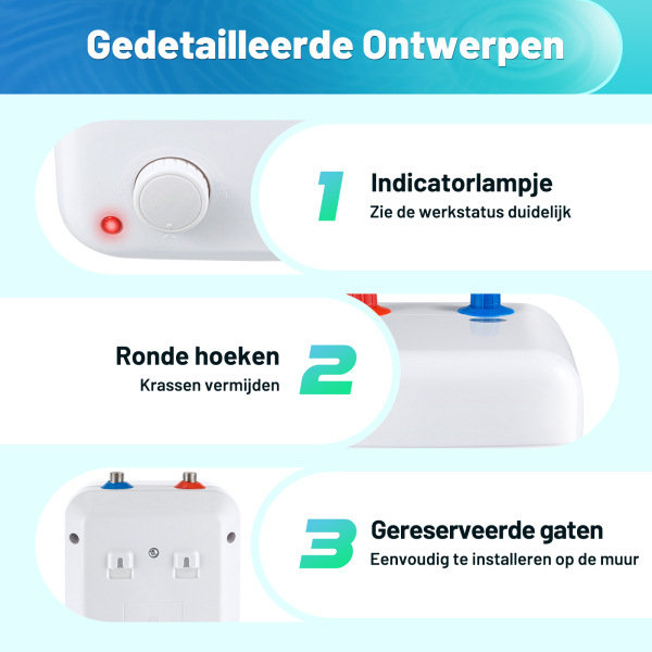 8 liter - compacte elektrische apparaten - plug and play - geschikt voor onder de gootsteen - gescheiden water - constante temperatuur - geen nadruppelen.