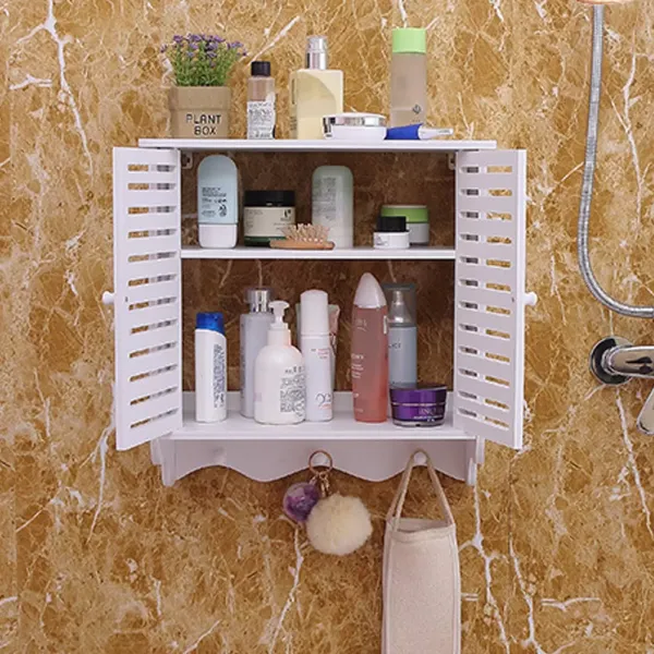 Badkamermeubel met twee deuren, badkamermeubelkast, badkamer aan de muur gemonteerd, witte badkamerplank met 2 niveaus Badkamermeubel met twee deuren, badkamermeubelkast, badkamer aan de muur gemonteerd, witte badkamerplank met 2 niveaus