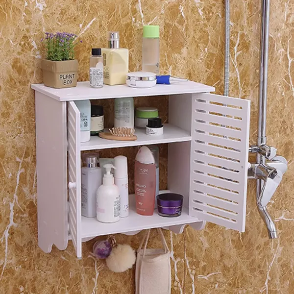 Badkamermeubel met twee deuren, badkamermeubelkast, badkamer aan de muur gemonteerd, witte badkamerplank met 2 niveaus Badkamermeubel met twee deuren, badkamermeubelkast, badkamer aan de muur gemonteerd, witte badkamerplank met 2 niveaus