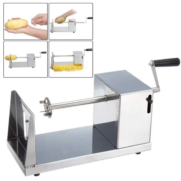 Roestvrijstalen aardappelsnijder met handslinger en antislip rubberen voetjes voor fruitaardappelen, tornadochips Roestvrijstalen aardappelsnijder met handslinger en antislip rubberen voetjes voor fruitaardappelen, tornadochips