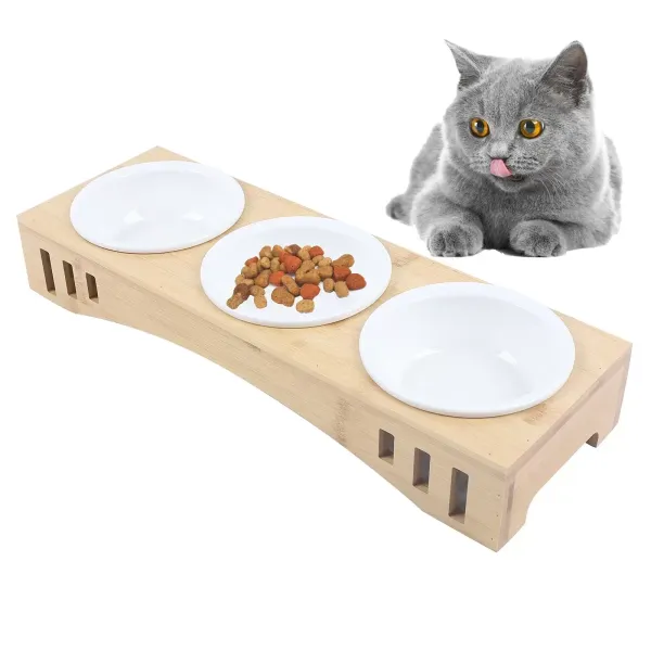 Trendy voerbak voor katten en honden - Keramische kommenset - 3 x 400 ml - Antislip bamboesteun - Ideale voerbakken