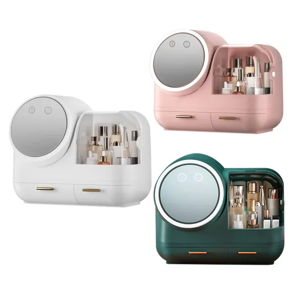 CNCEST (roze/wit/groen) make-up organizer met LED-licht cosmetische opbergdoos - draaibare spiegel