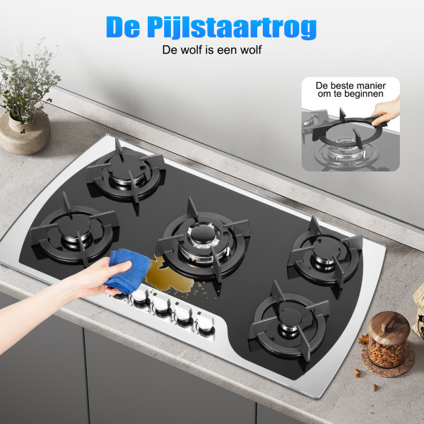 5-pits inbouwgaskookplaat LPG/NG - automatische pulsontsteking, glaskeramiek, propaan - voor aardgas - zwart