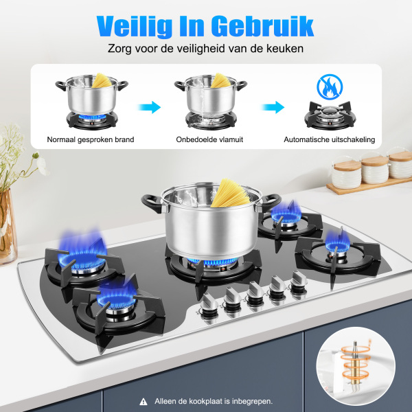 5-pits inbouwgaskookplaat LPG/NG - automatische pulsontsteking, glaskeramiek, propaan - voor aardgas - zwart
