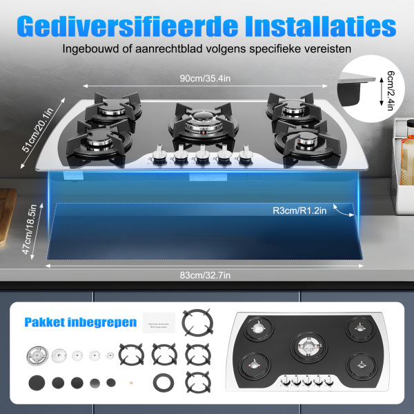 5-pits inbouwgaskookplaat LPG/NG - automatische pulsontsteking, glaskeramiek, propaan - voor aardgas - zwart