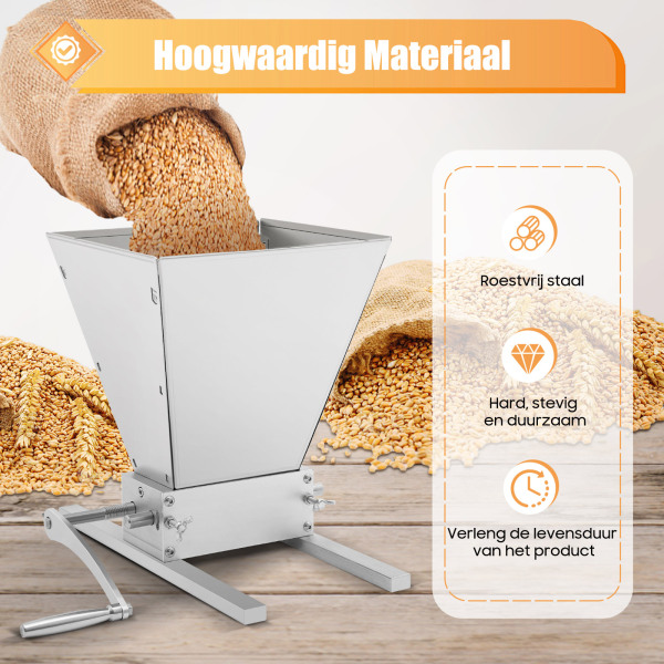 Moutmolen, graanmolen, verstelbaar, roestvrij staal, brouwgranen, met 2 aluminium staven