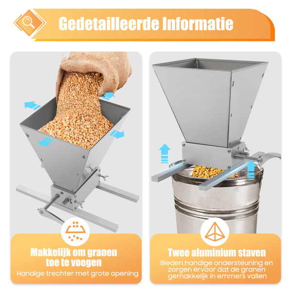Moutmolen, graanmolen, verstelbaar, roestvrij staal, brouwgranen, met 2 aluminium staven Moutmolen, graanmolen, verstelbaar, roestvrij staal, brouwgranen, met 2 aluminium staven