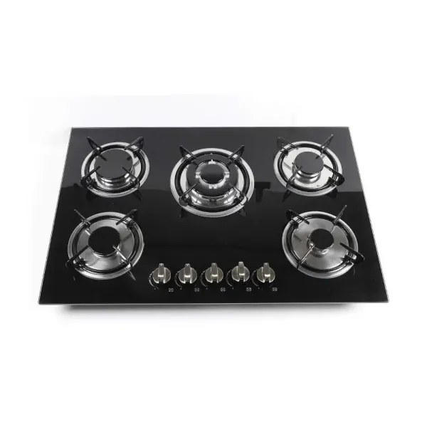 5-pits gaskookplaat - Inbouw - Zwart - Met vlambeveiliging - Voor keuken, gehard glas 5-pits gaskookplaat - Inbouw - Zwart - Met vlambeveiliging - Voor keuken, gehard glas