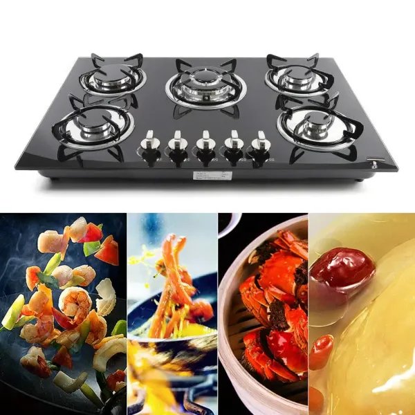5-pits gaskookplaat - Inbouw - Zwart - Met vlambeveiliging - Voor keuken, gehard glas