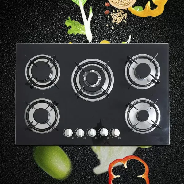 5-pits gaskookplaat - Inbouw - Zwart - Met vlambeveiliging - Voor keuken, gehard glas
