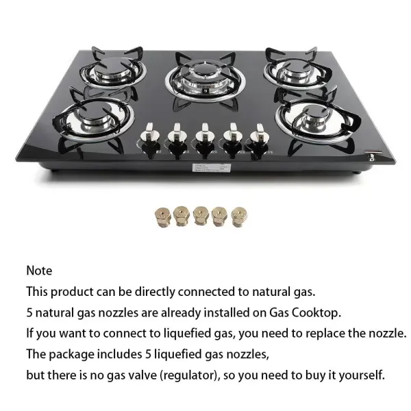 5-pits gaskookplaat - Inbouw - Zwart - Met vlambeveiliging - Voor keuken, gehard glas
