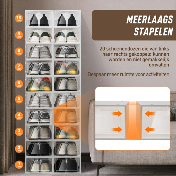 Set van 20 doorzichtige plastic schoenenopbergdozen, stapelbaar en duurzaam, 33 x 23 x 14 cm