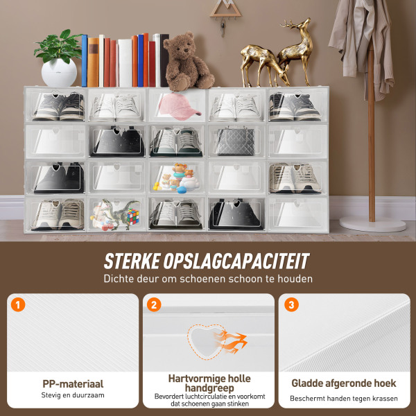 Set van 20 doorzichtige plastic schoenenopbergdozen, stapelbaar en duurzaam, 33 x 23 x 14 cm