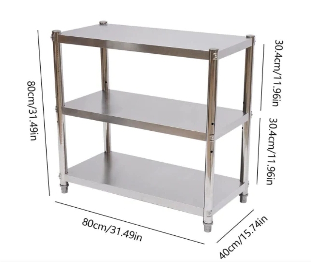 Multifunctioneel roestvrijstalen drielaags opbergrek, Maximaal gewicht 50 kg, 80 x 80 x 40 cm, voor familiekeukens, scholen, kantines, restaurants, supermarkten, etc.