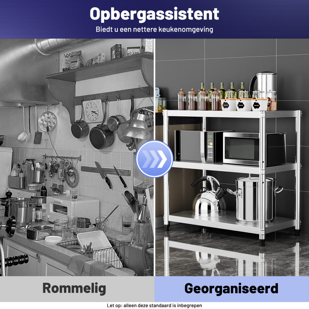 Multifunctioneel roestvrijstalen drielaags opbergrek, Maximaal gewicht 50 kg, 80 x 80 x 40 cm, voor familiekeukens, scholen, kantines, restaurants, supermarkten, etc.
